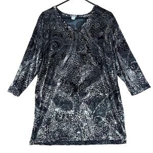 Chicos Womens Blouse Black Silver VNeck Jacquard Damask Floral 3/4 Sleeve 3 (XL)